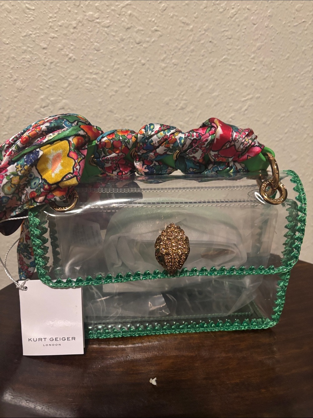 Kurt Geiger Clear Crossbody Bag with Green Trim and Floral Scarf